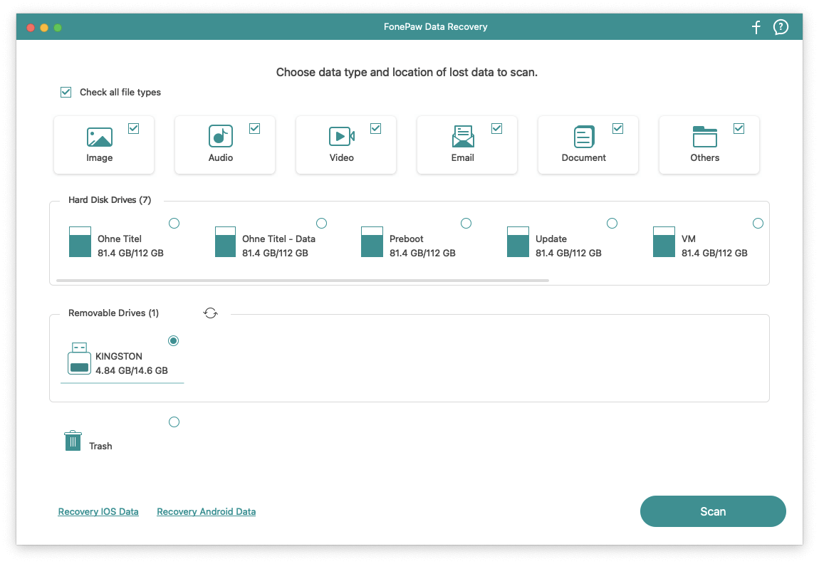 Scegli Tipi di file e Unità USB