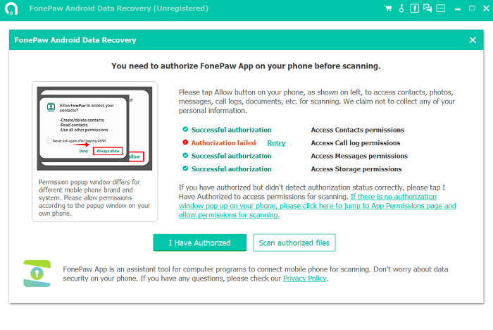 Allow FonePaw to Access Deleted Photos