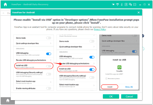 Install FonePaw App via USB