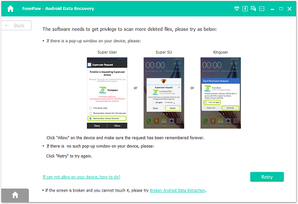 Grant FonePaw program to Scan Samsung Android Device