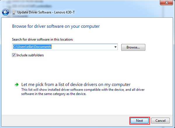 Selezionare la posizione per cercare il software del driver