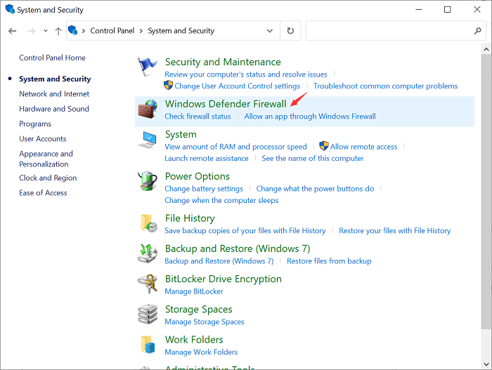 Choose Windows Defender Firewall