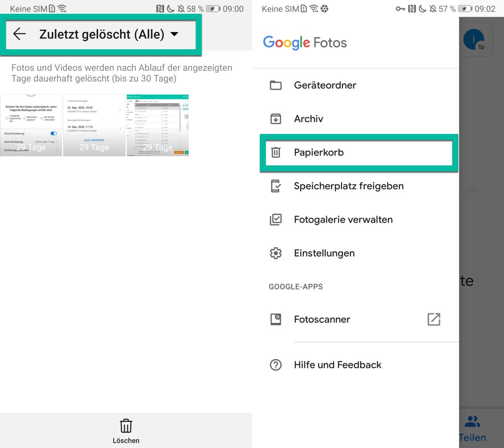 Papierkorb von Huawei Galerie und Google Fotos