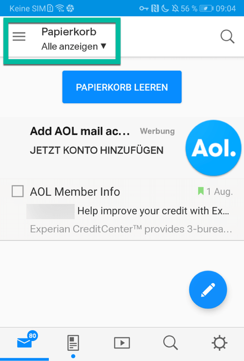 Android Papierkorb für Email