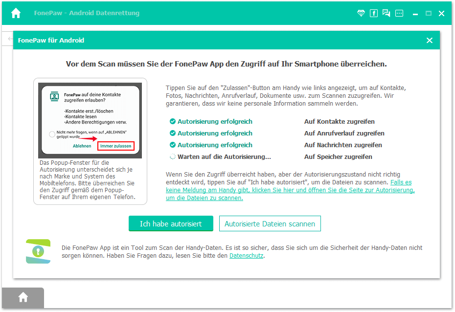 Datenzugriff Autorisierung zulassen