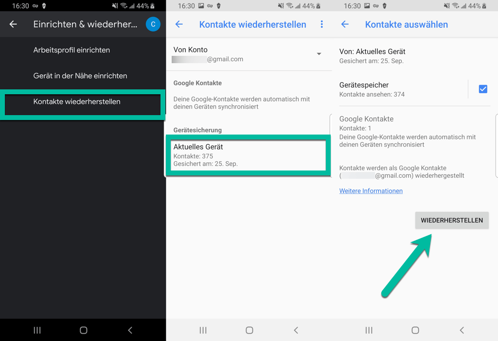 Google Kontakte wiederherstellen