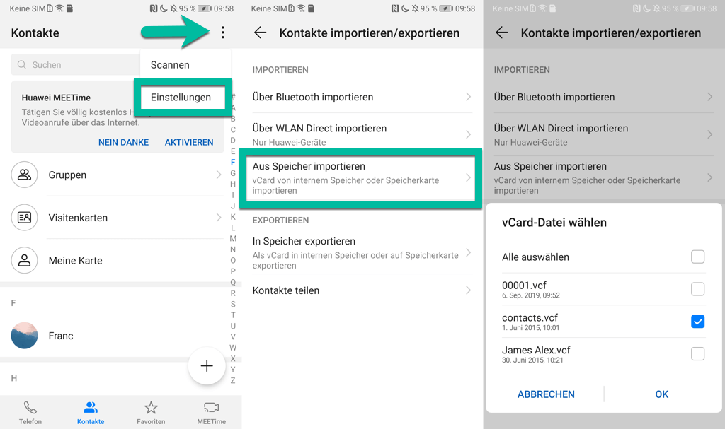 Huawei Kontakte importieren aus vCard Datei