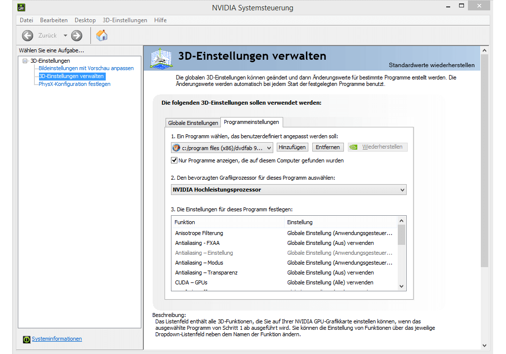 3D-Einstellung verwalten in Nvidia-Systemsteuerung