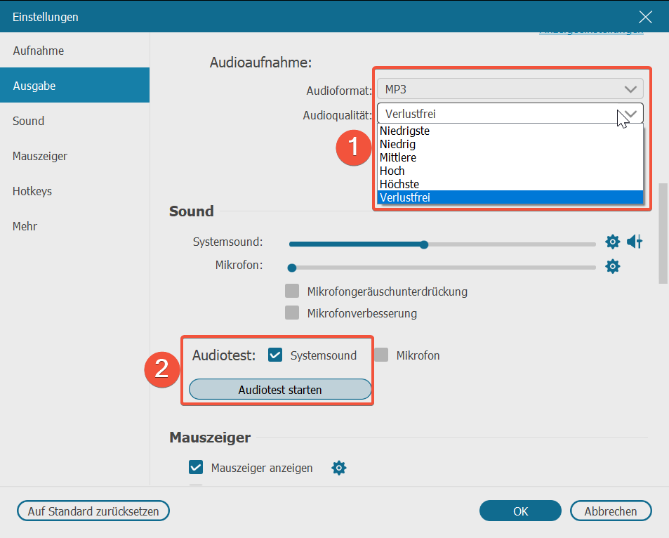 Audio-Ausgabeformat einstellen und Audiotest machen