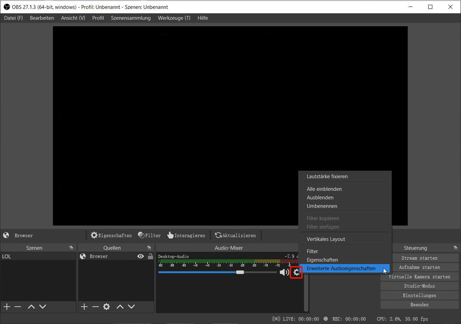 OBS Erweiterte Audioeigenschaften