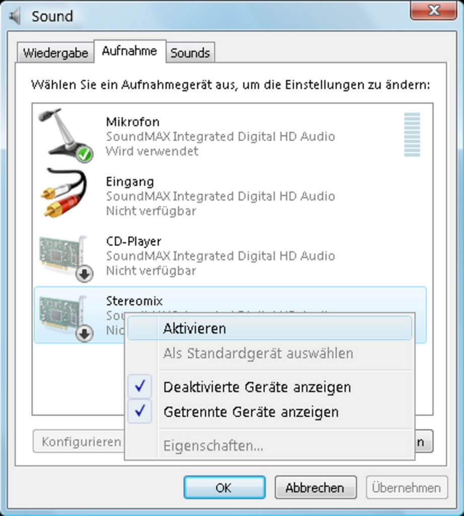 Alle Aufnahmegeräte auf Windows aktivieren