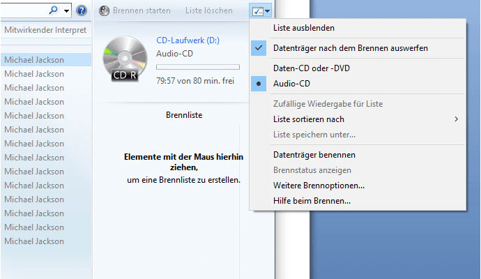 Optionen fürs CD-Brennen