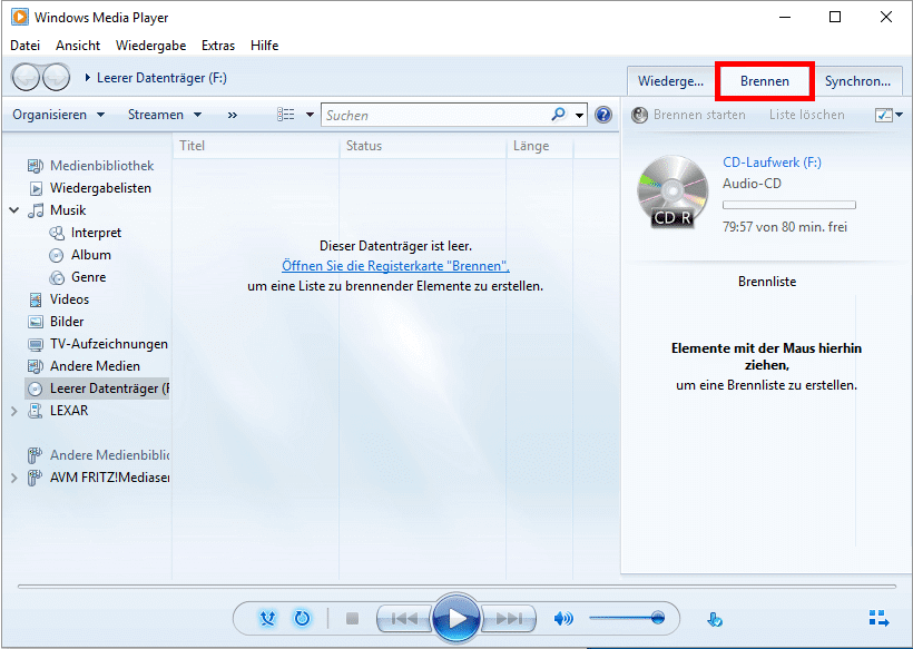 CD auf Windows Media Player brennen