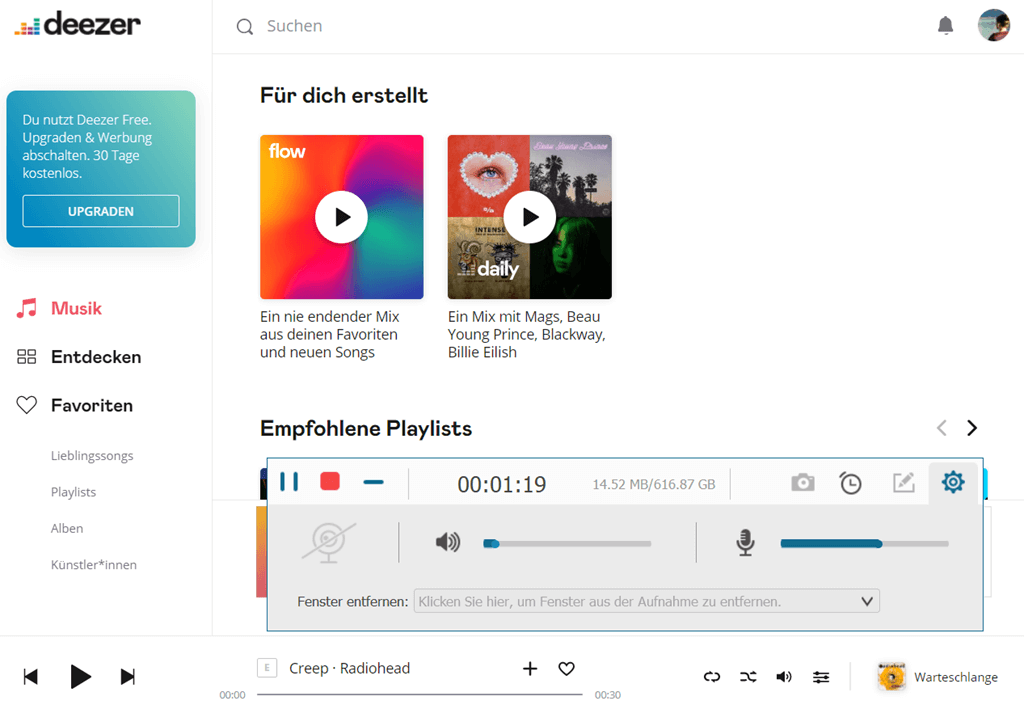 Deezer-Musik aufnehmen