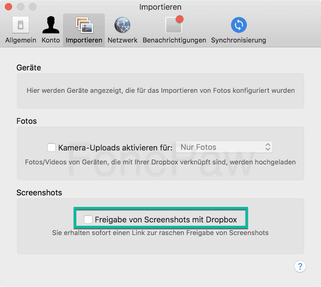 Freigabe von Screenshots mit Dropbox deaktivieren