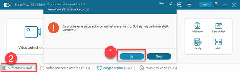 Hinweisfenster für Wiederherstellen von ungesicherter Aufnahme