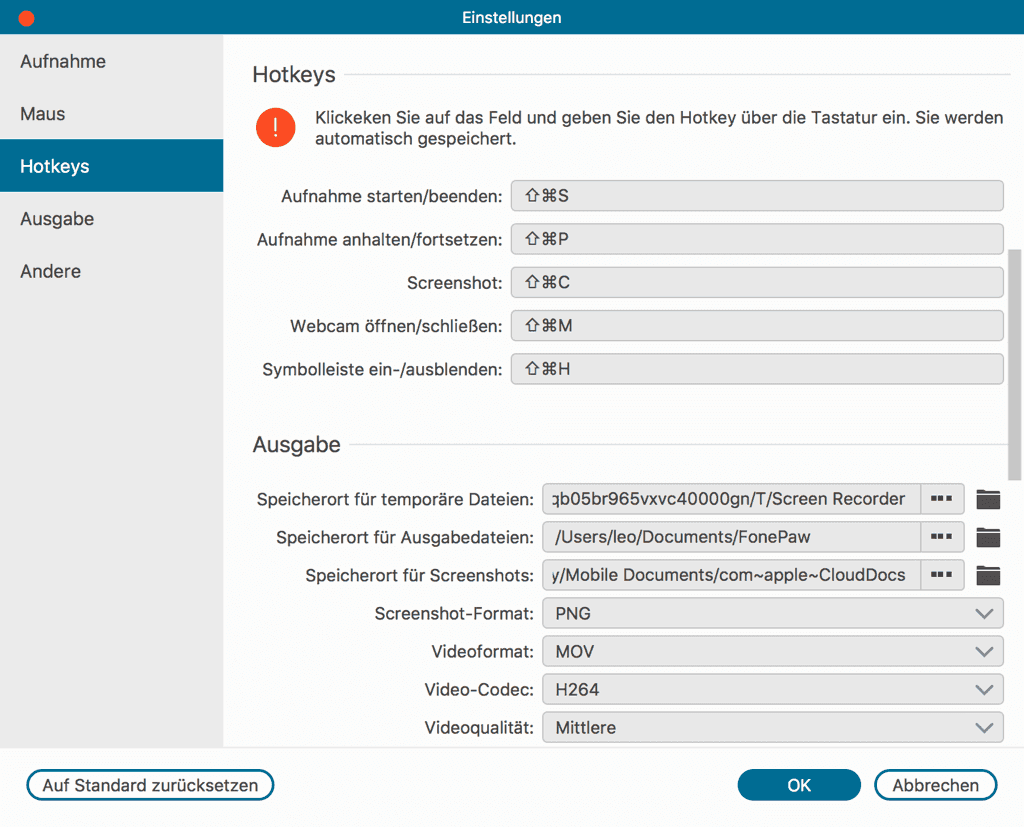 Mac Screenshot Tastenkonbinationen mit Bildschirm Recorder