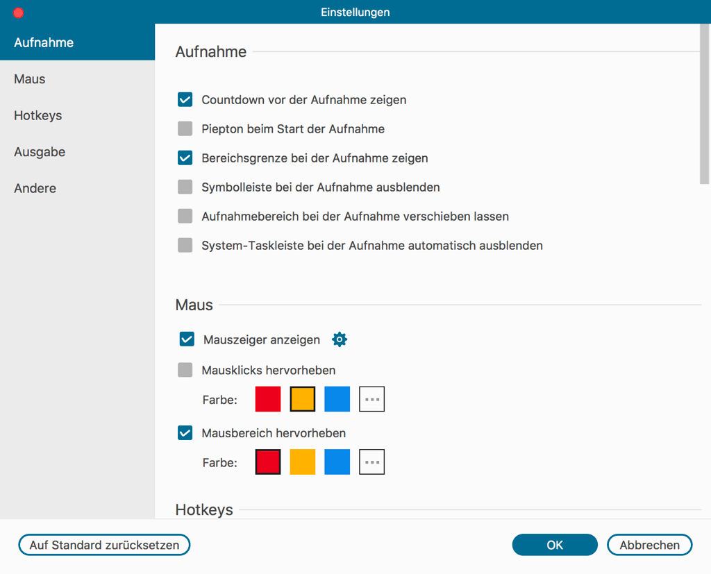 Mac Bildschirm Recorder Allgemeine Einstellungen