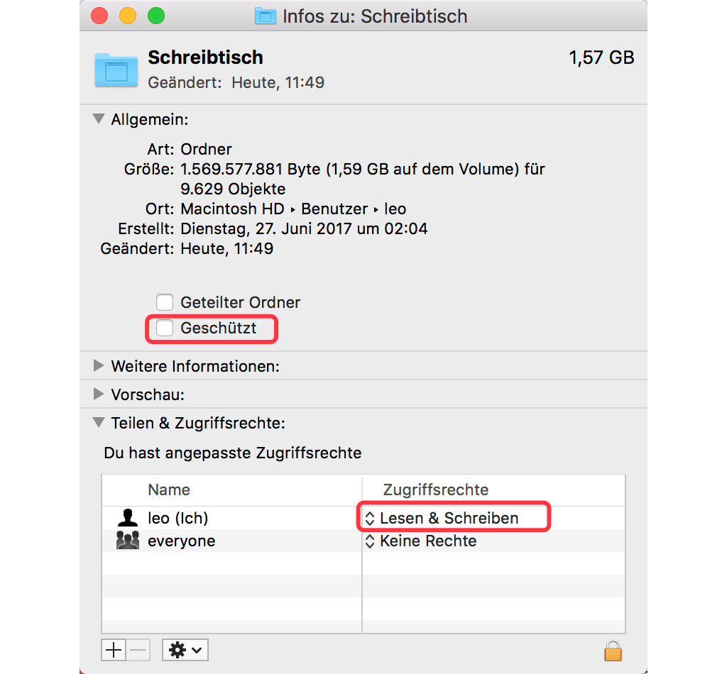 Mac Ordner Geschützt-Status ändern