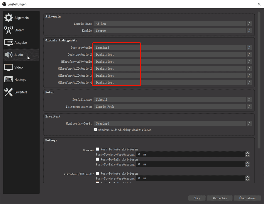 Anderen Audiospur deaktivieren