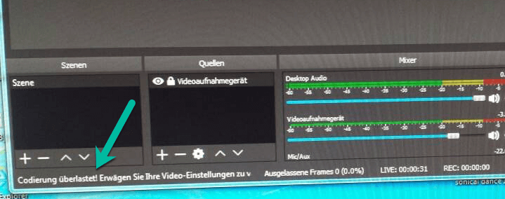 OBS Kodierung überlastet Warnmeldung