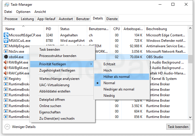 OBS höher Priorität in Task Manager