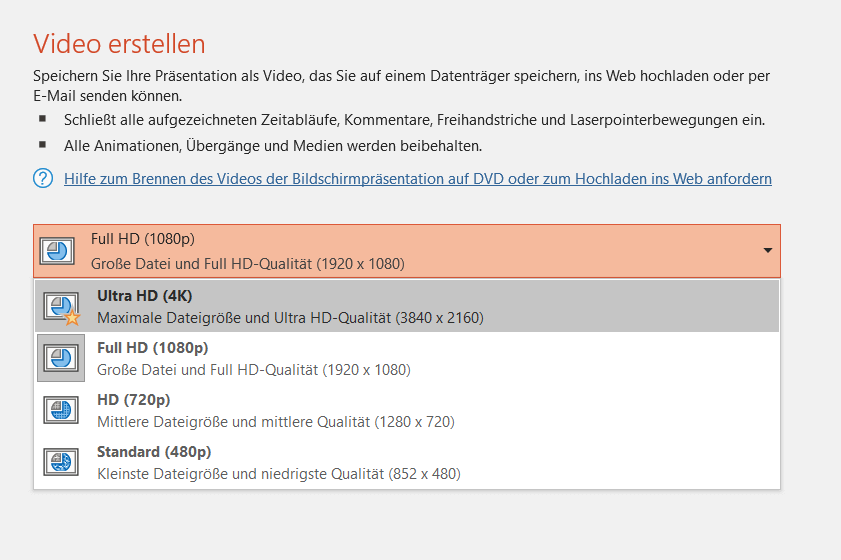 PowerPoint-Videoqualität auswählen