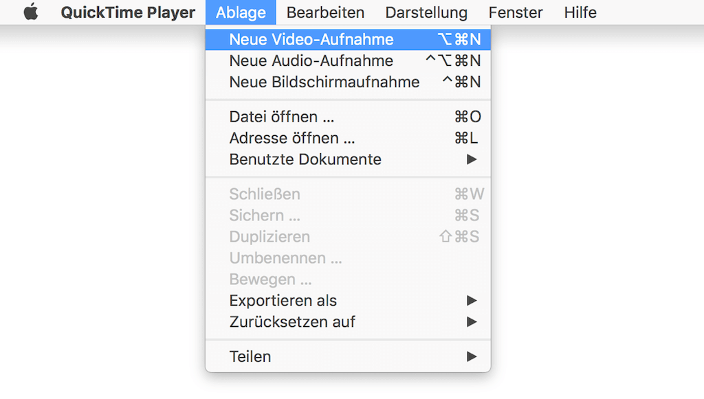 QuickTime Player Neue Video-Aufnahme