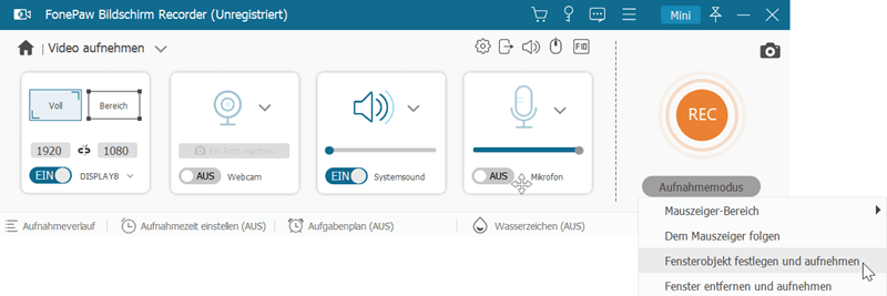 Aufnahmemodus von FonePaw Bildschirm Recorder