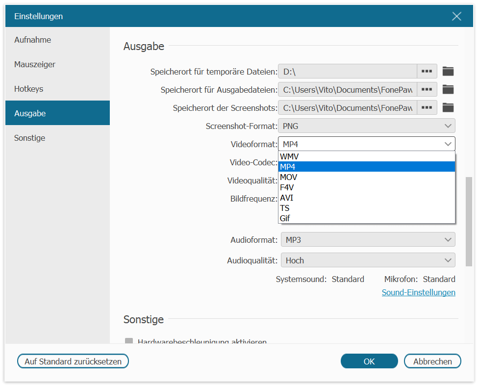 Videoformat für Aufnahme auswählen