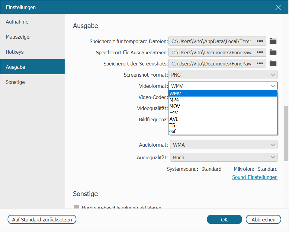 Videoformat der Videoaufnahme auswählen