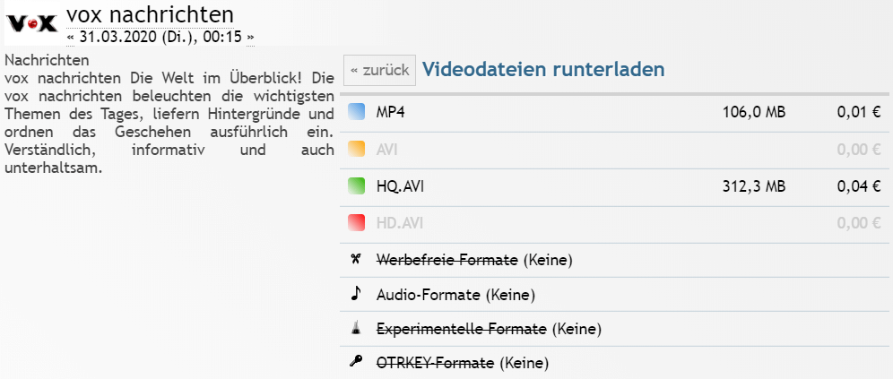 Videoformat zur Herunterladung auswählen OnlineTVRecorder