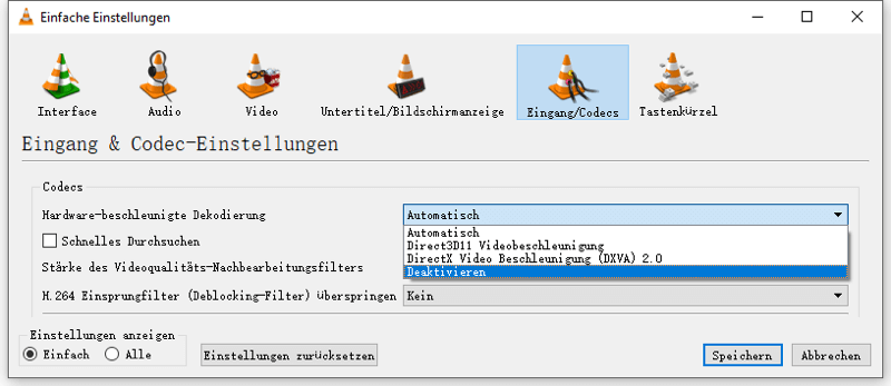 VLC Hardware beschleunigte Dekodierung deaktivieren