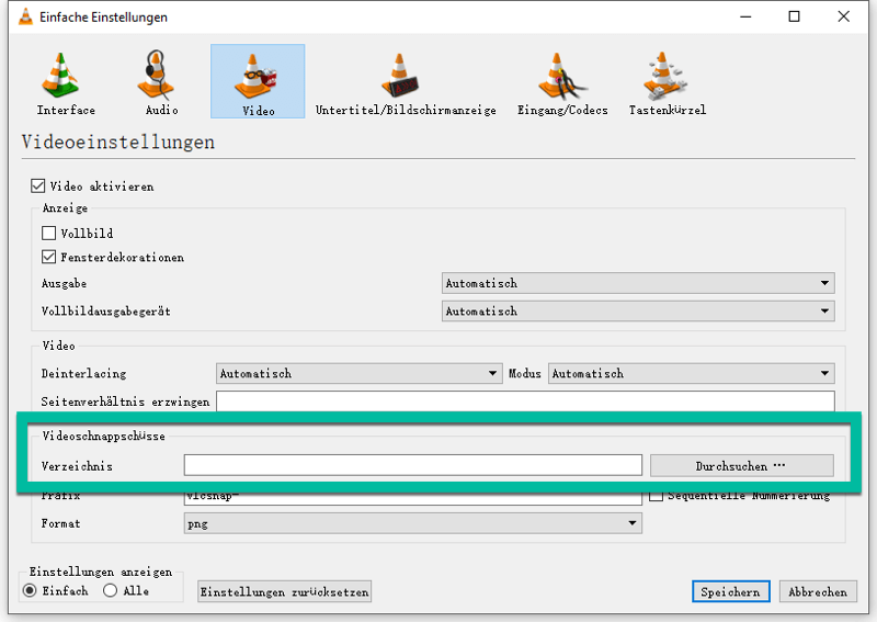 VLC Schnappschuss Speicherort ändern