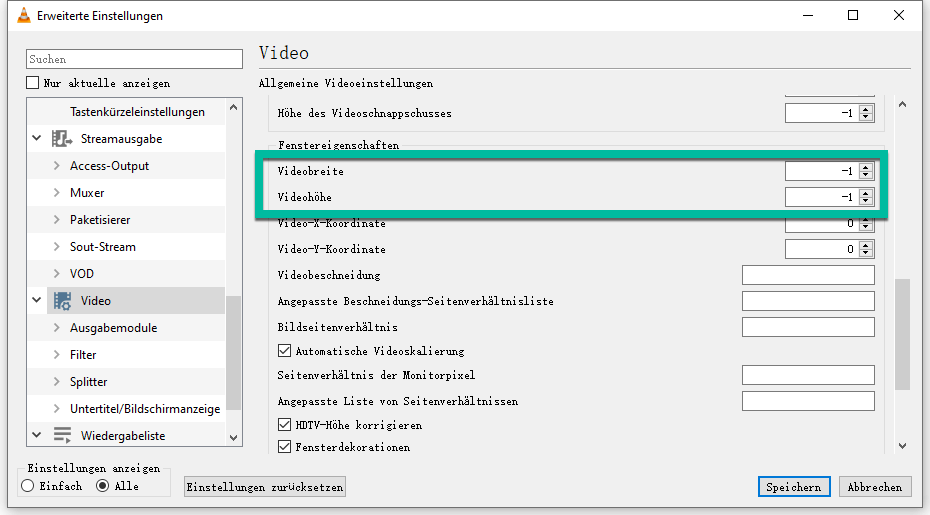 VLC Video Breite und Höhe ändern