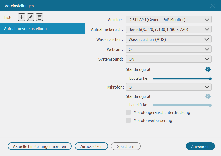 Aufnahme selbst einrichten