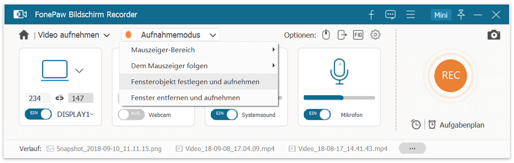 Fensteraufnahmemodus auswählen