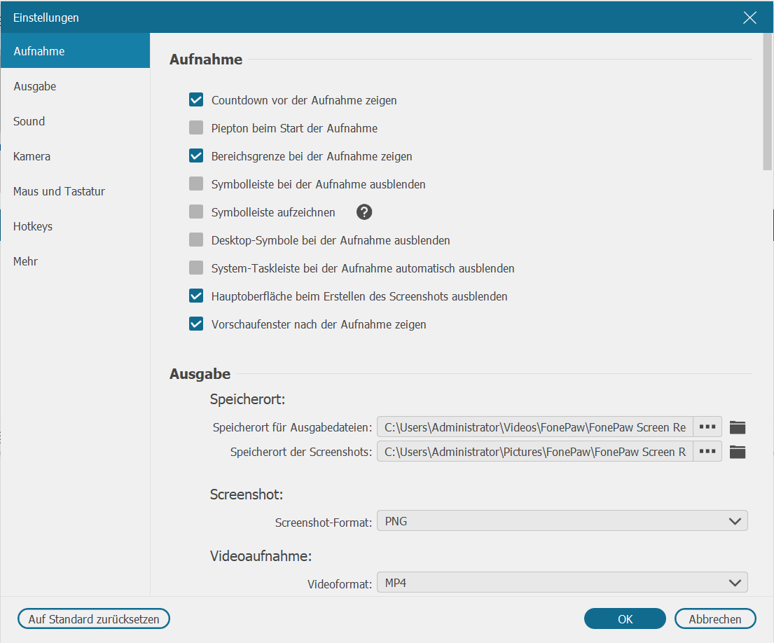 Aufnahme Einstellungen