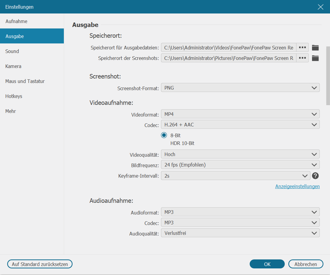 Ausgabeeinstellungen für Audioaufnahme 