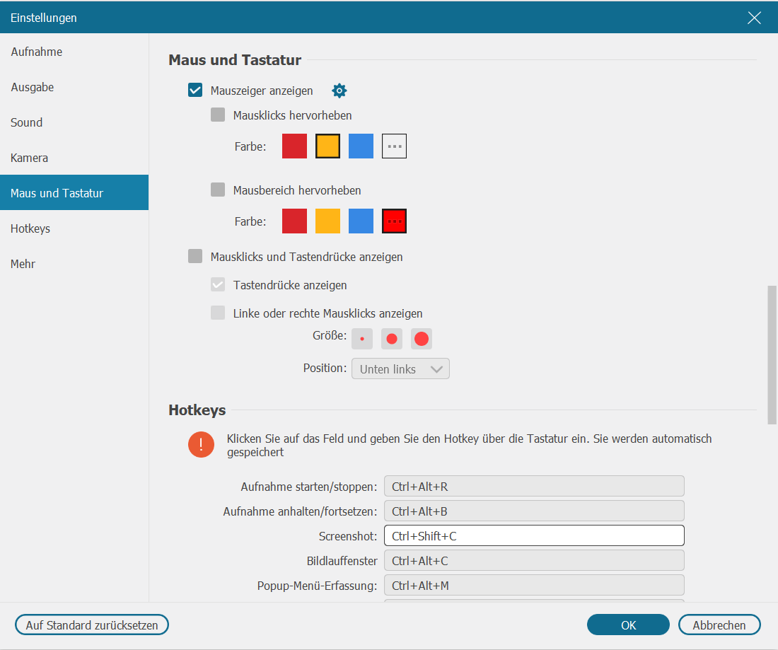 Aufnahmeeinstellungen einrichten