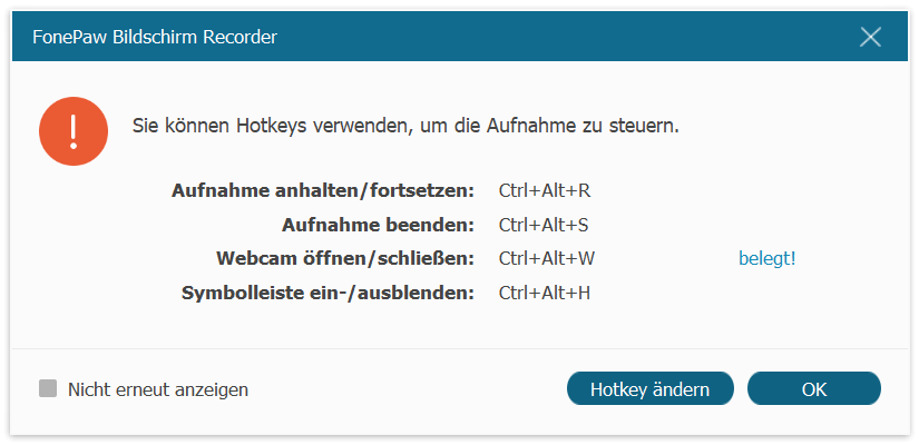 Hotkeys für Bildschirmaufnahme