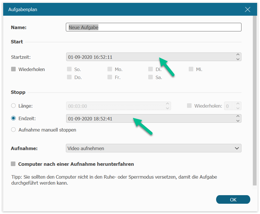 Aufnahme des Online Radio planen