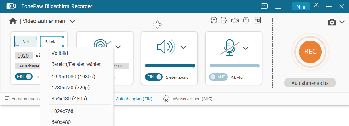 Aufnahmebereich festlegen