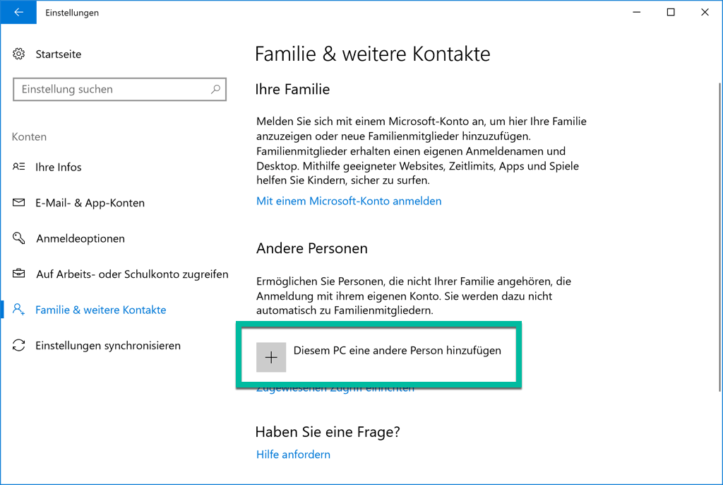 Windows 10 Diesem PC eine andere Person hinzufügen