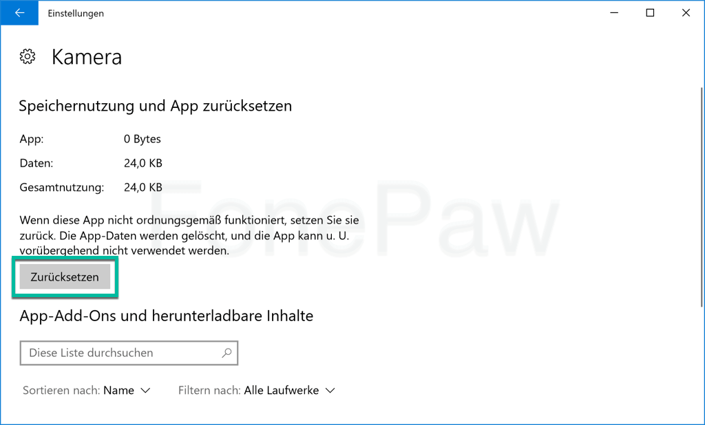 Windows Kamera App zurücksetzen