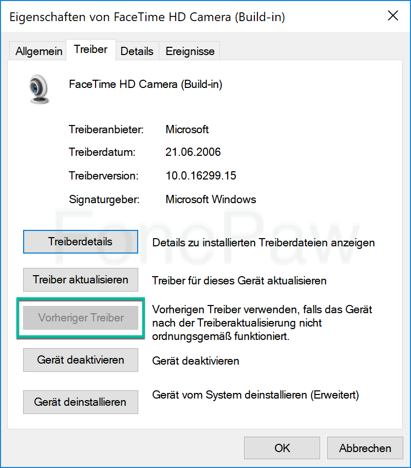 Windows 10 Kamera Vorheriger Treiber