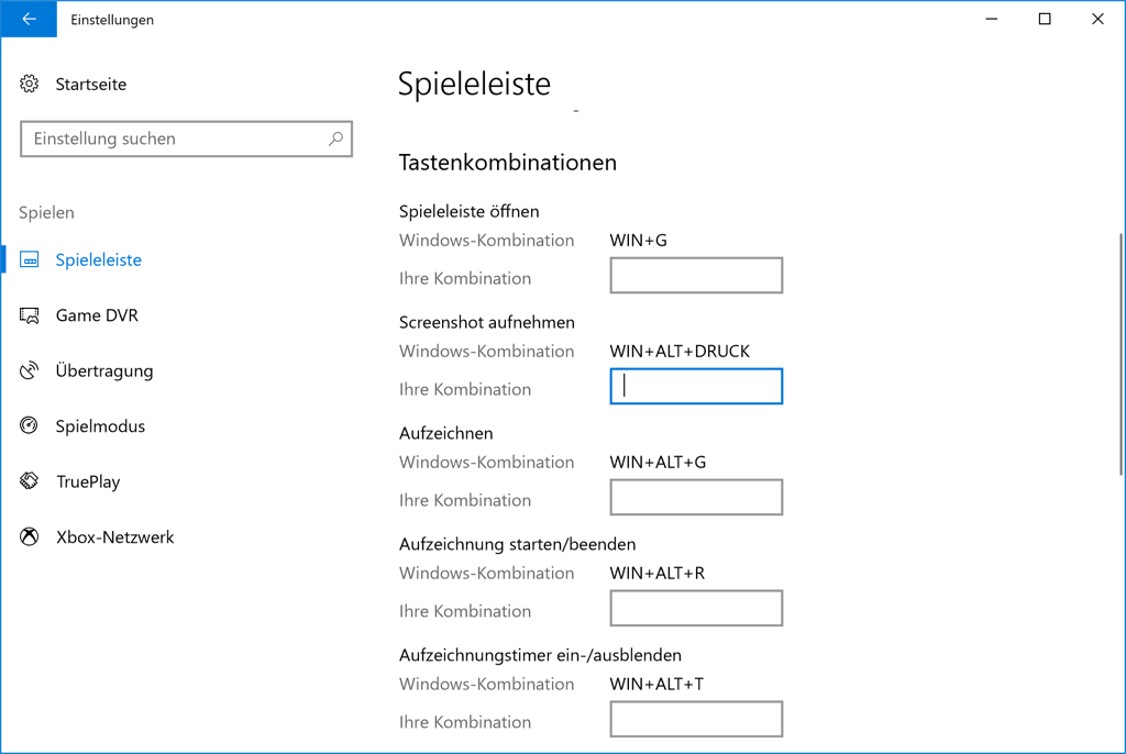 Spielleiste Tastenkombinationen erstellen