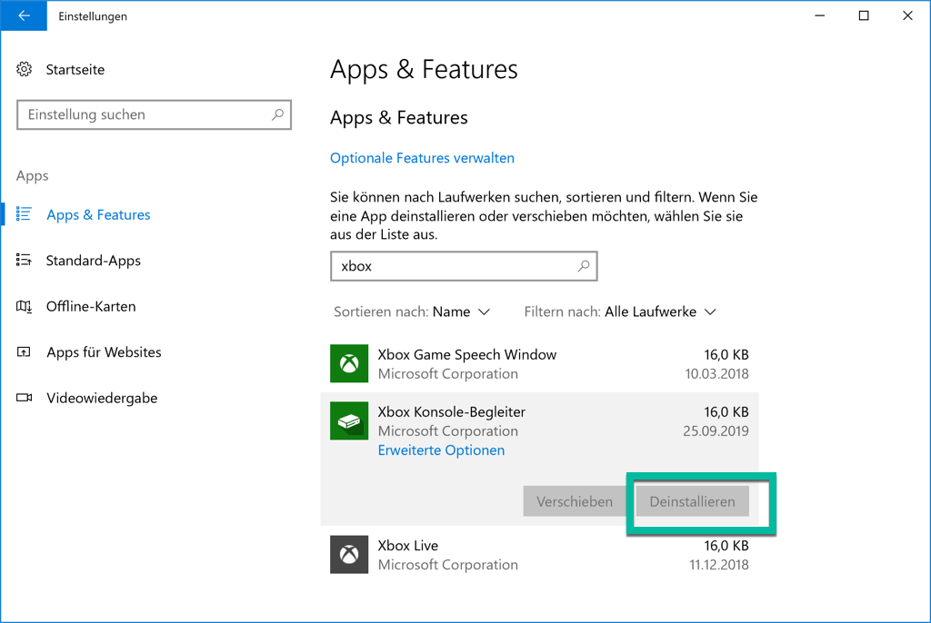 Xbox Konsole-Begleiter deinstallieren
