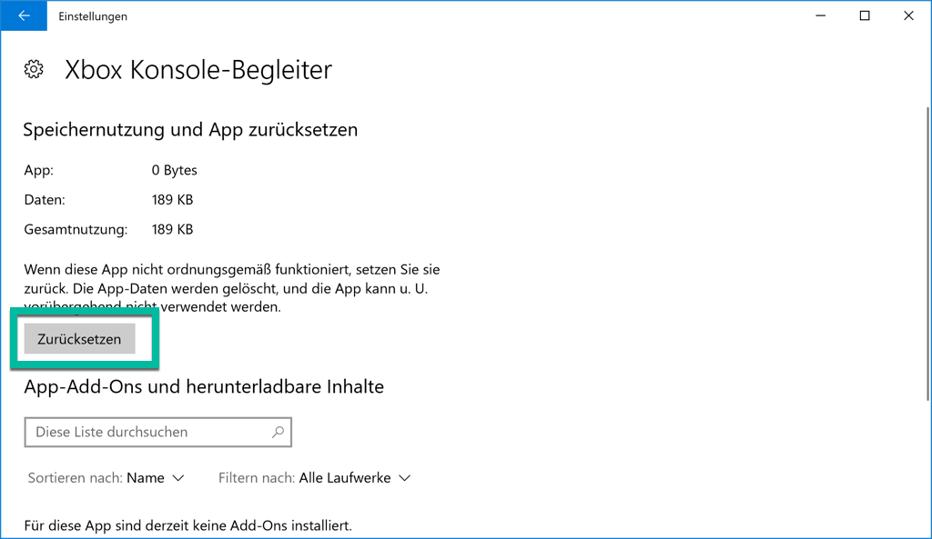 Xbox Konsole-Begleiter zurücksetzen