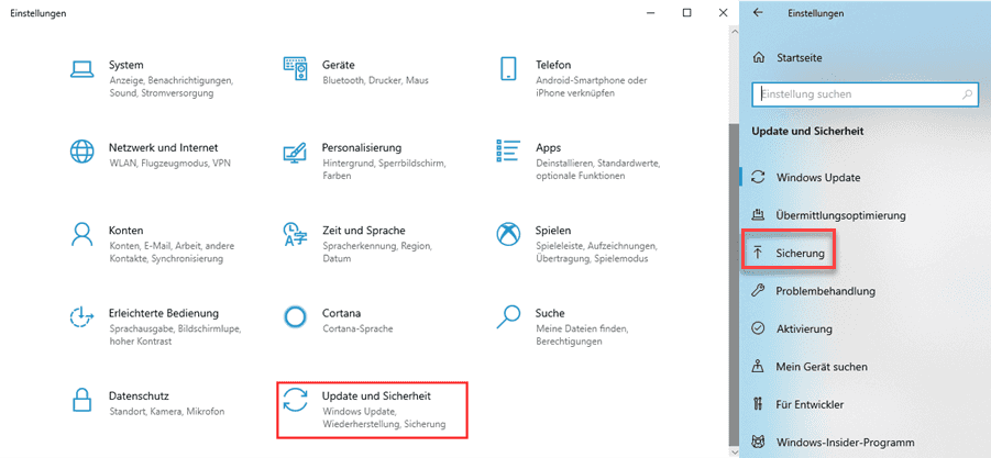 Backup auf PC einstellen